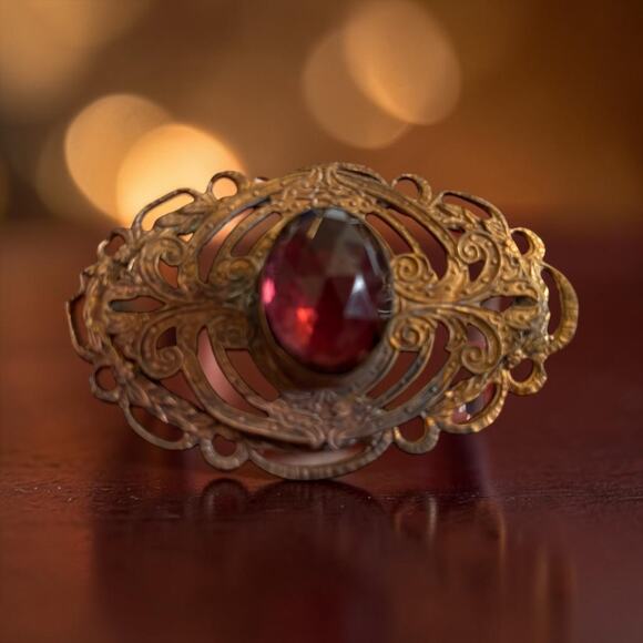Estate Jewelry - Antique 1900s Ruby Red Glass Brooch Art Nouveau Ornate Brass Gothic